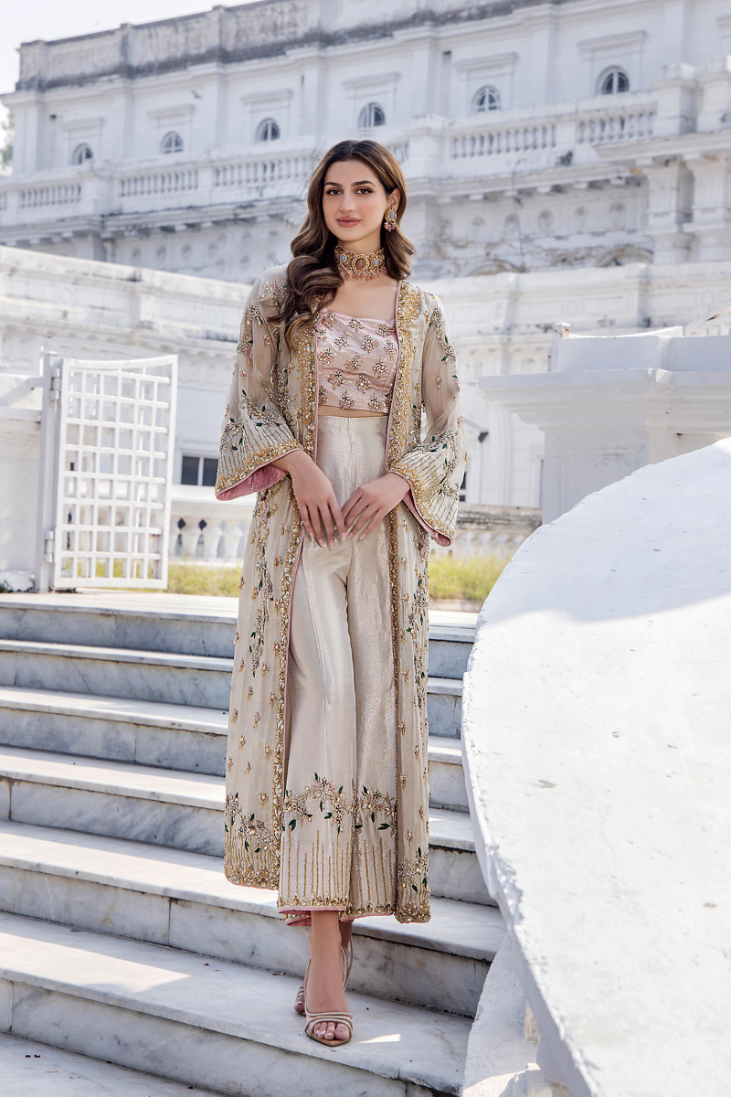 Champagne Embroidered Net Jacket Set (3-Piece) - Image 1