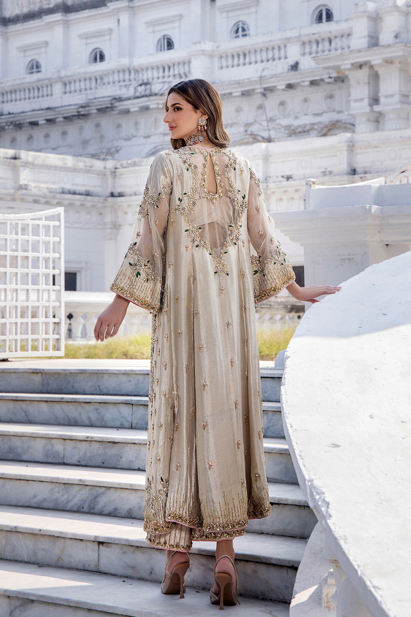 Champagne Embroidered Net Jacket Set (3-Piece) - Image 3