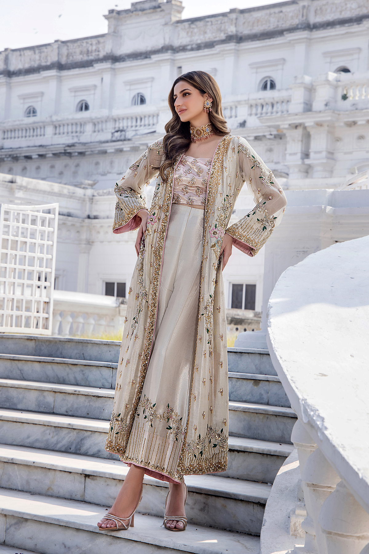 Champagne Embroidered Net Jacket Set (3-Piece) - Image 4