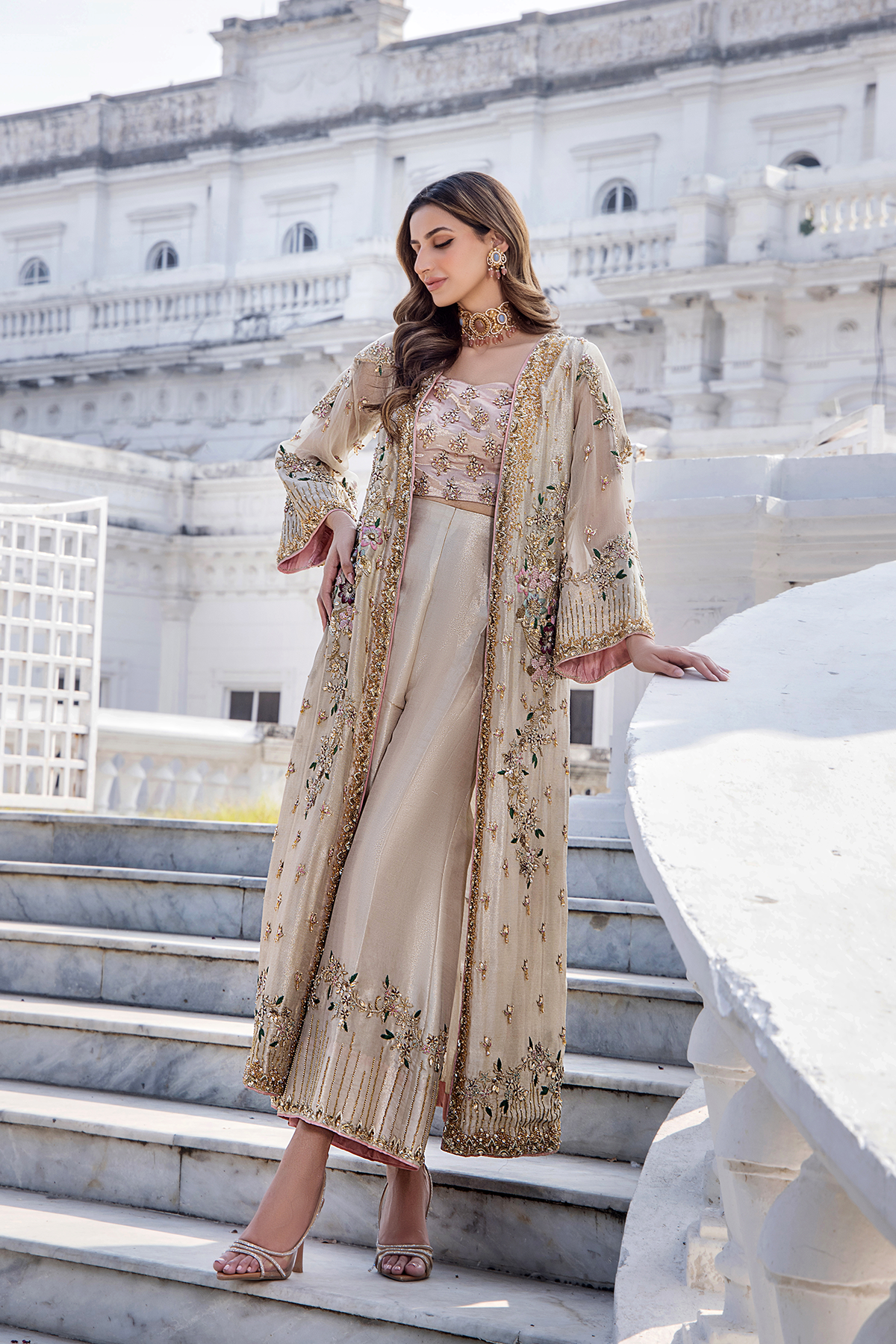 Champagne Embroidered Net Jacket Set (3-Piece) - Image 5