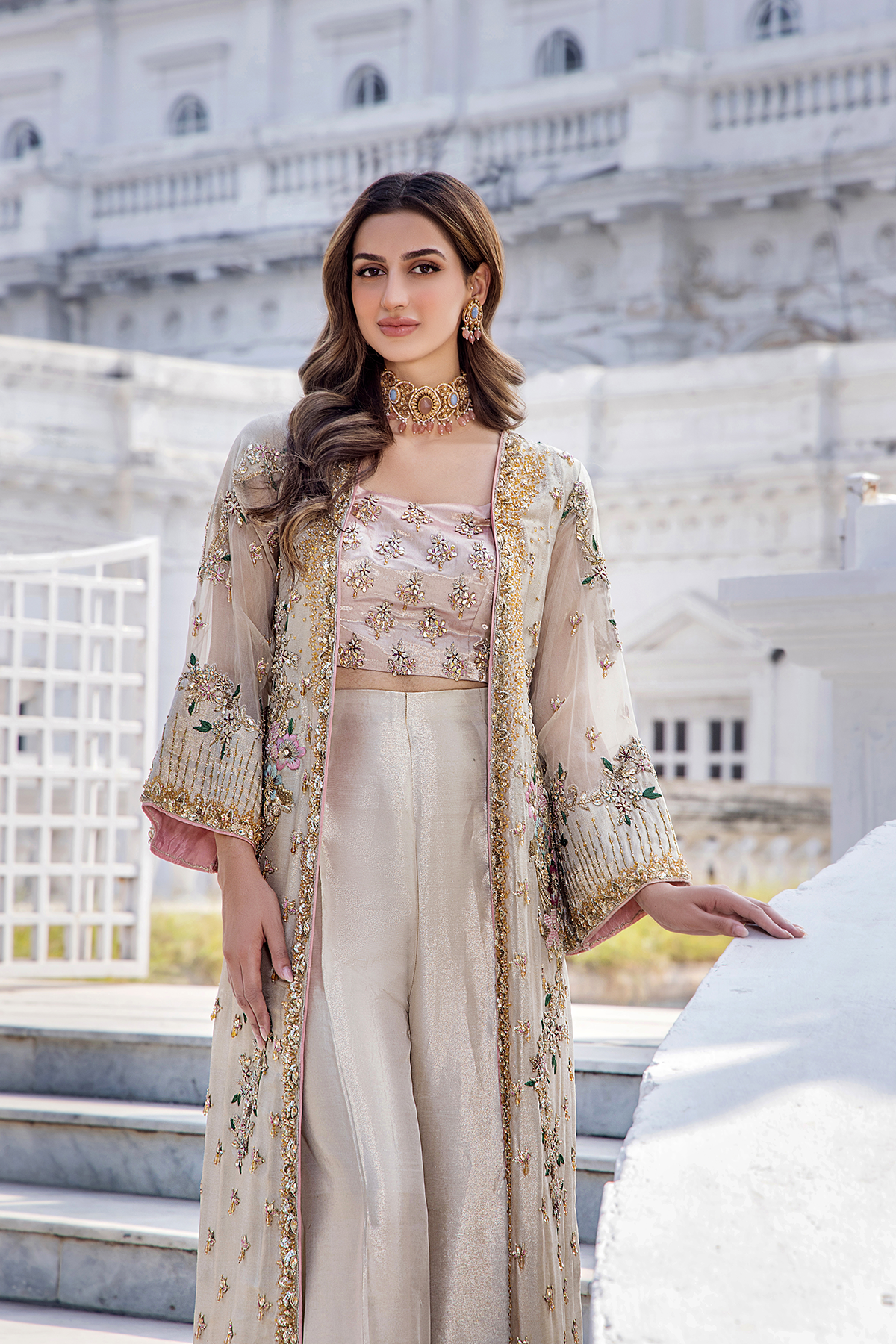 Champagne Embroidered Net Jacket Set (3-Piece) - Image 6