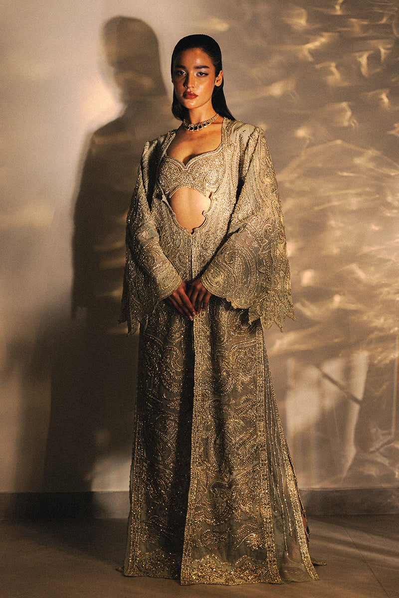 Pakistani Gold Embellished Net Organza Jacket Set (3-Piece) - Image 1