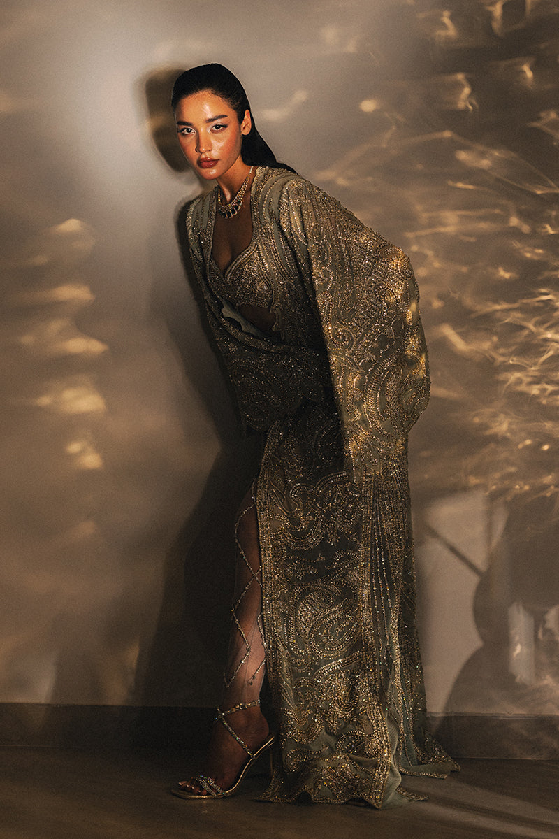 Pakistani Gold Embellished Net Organza Jacket Set (3-Piece) - Image 2