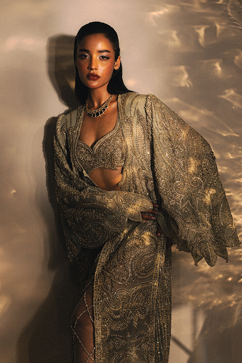 Pakistani Gold Embellished Net Organza Jacket Set (3-Piece) - Image 5