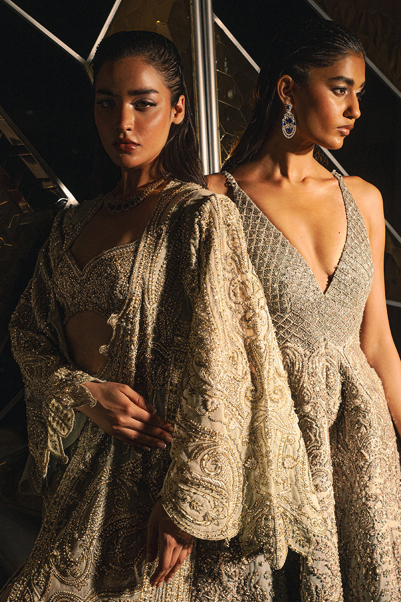 Pakistani Gold Embellished Net Organza Jacket Set (3-Piece) - Image 6