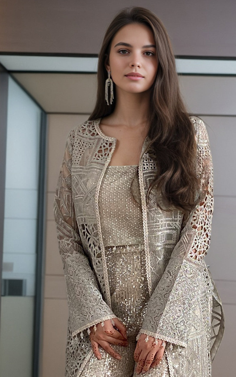 Pakistani Champagne Embroidered Organza Jacket Set (3-Piece) - Image 2