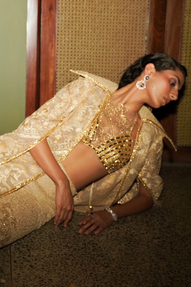 Gold Embroidered Silk-Blend Jacket, Bralette & Trouser (3-Piece) - Image 3