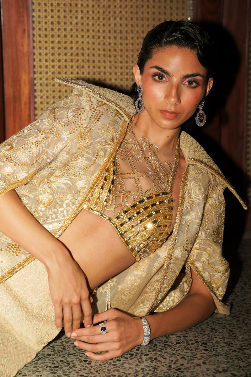 Gold Embroidered Silk-Blend Jacket, Bralette & Trouser (3-Piece) - Image 5