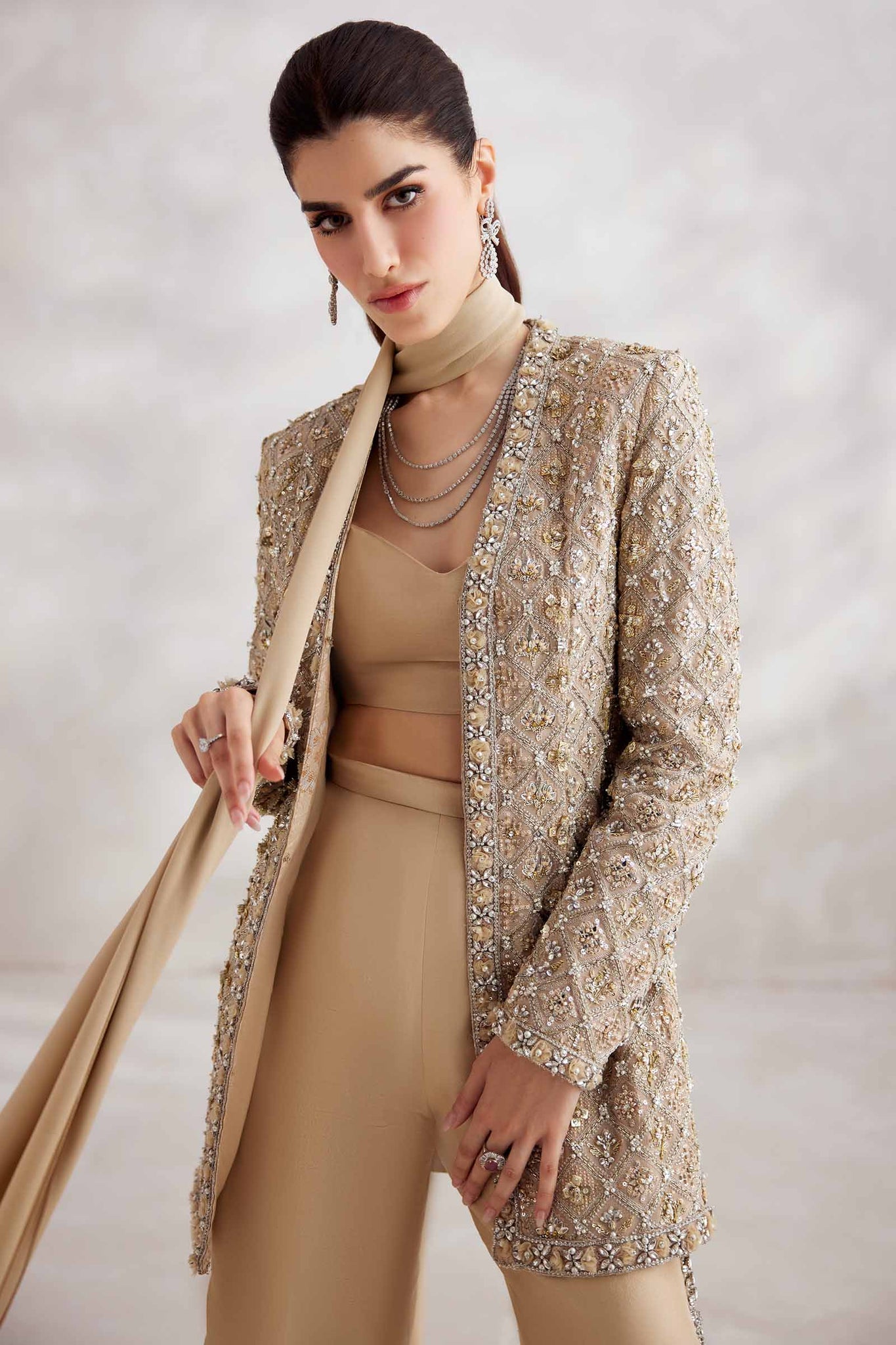Champagne Embellished Silk-Blend Jacket Set (4-Piece) - Image 3