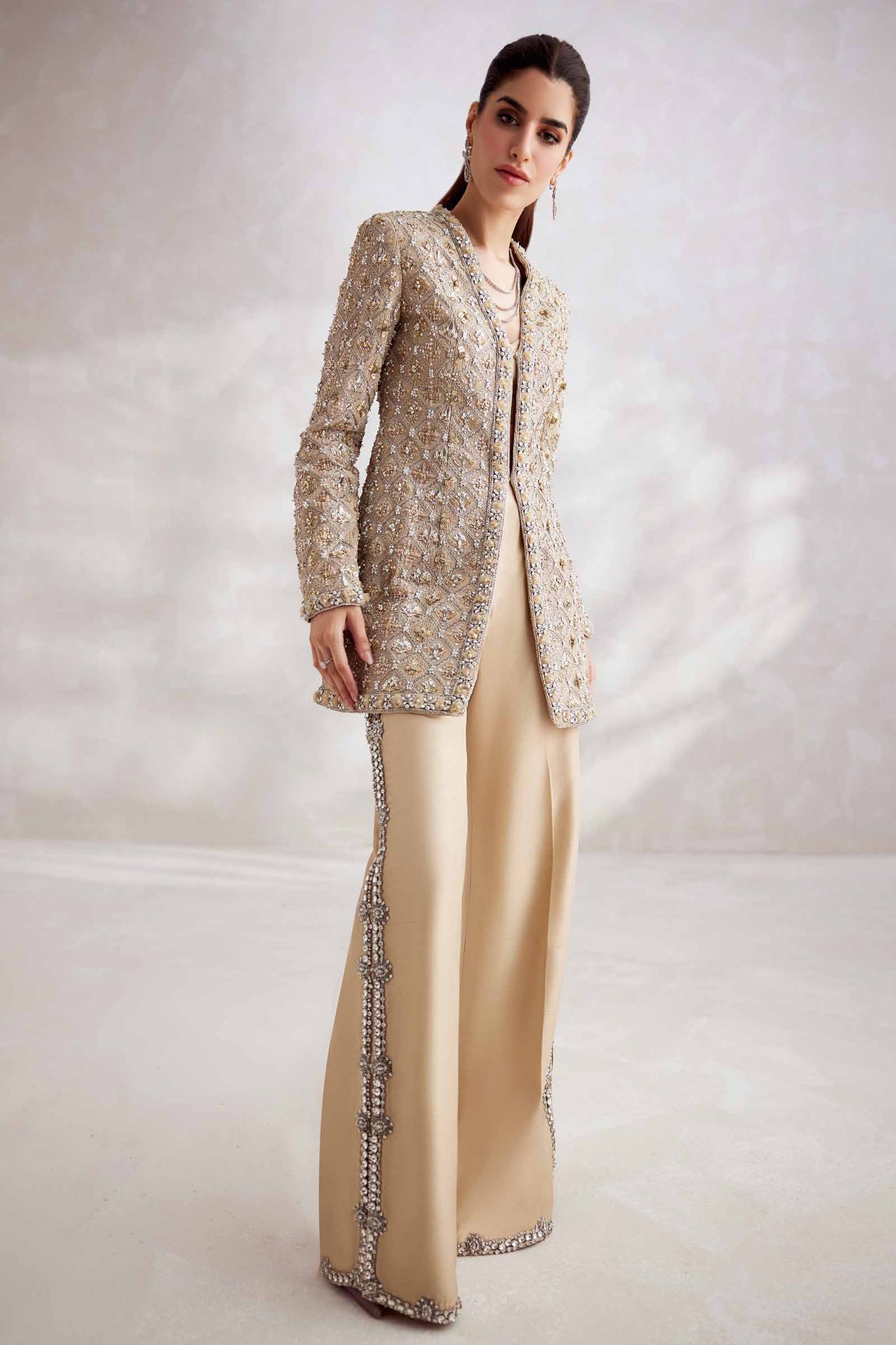 Champagne Embellished Silk-Blend Jacket Set (4-Piece) - Image 5