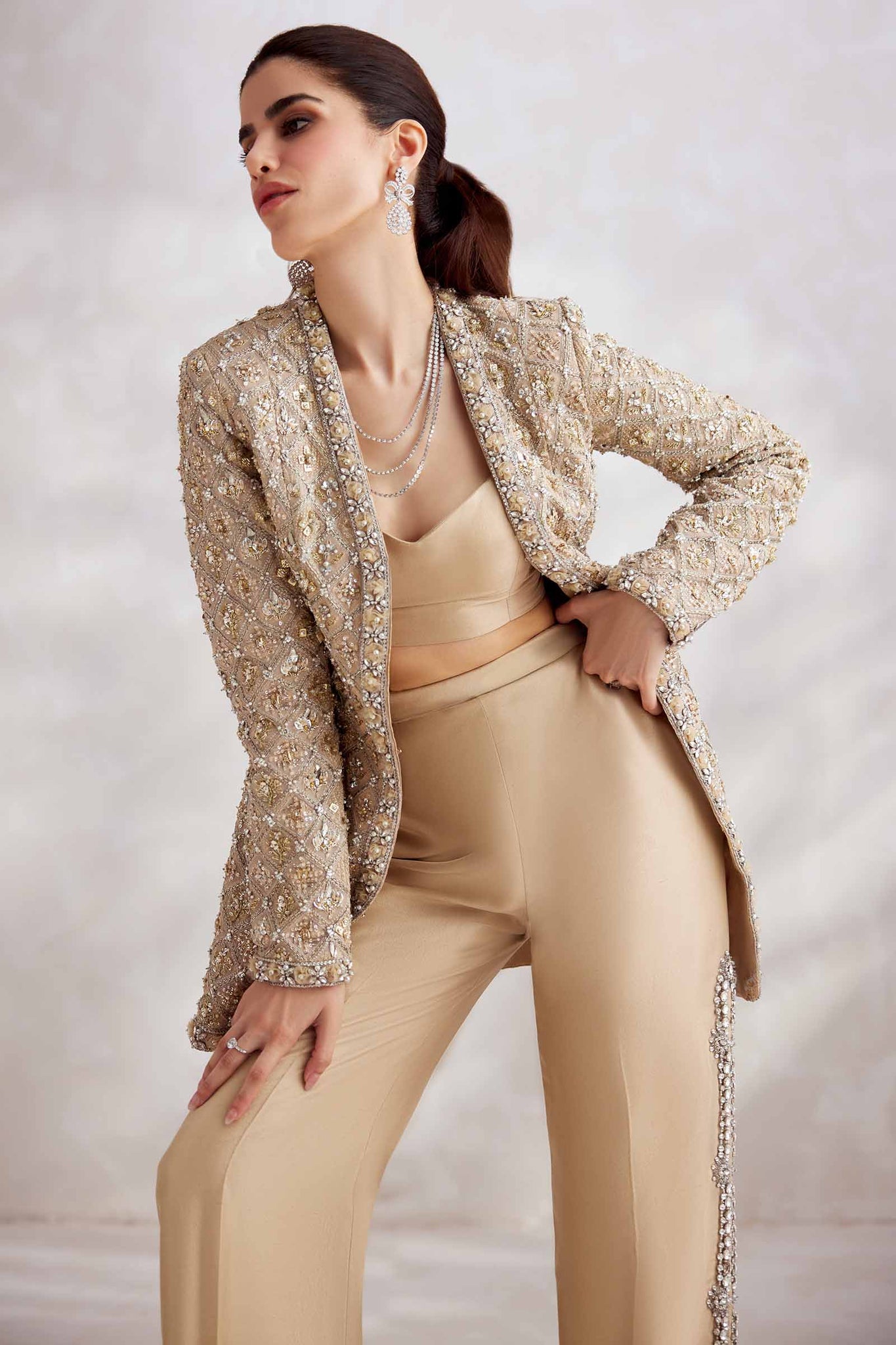 Champagne Embellished Silk-Blend Jacket Set (4-Piece) - Image 6