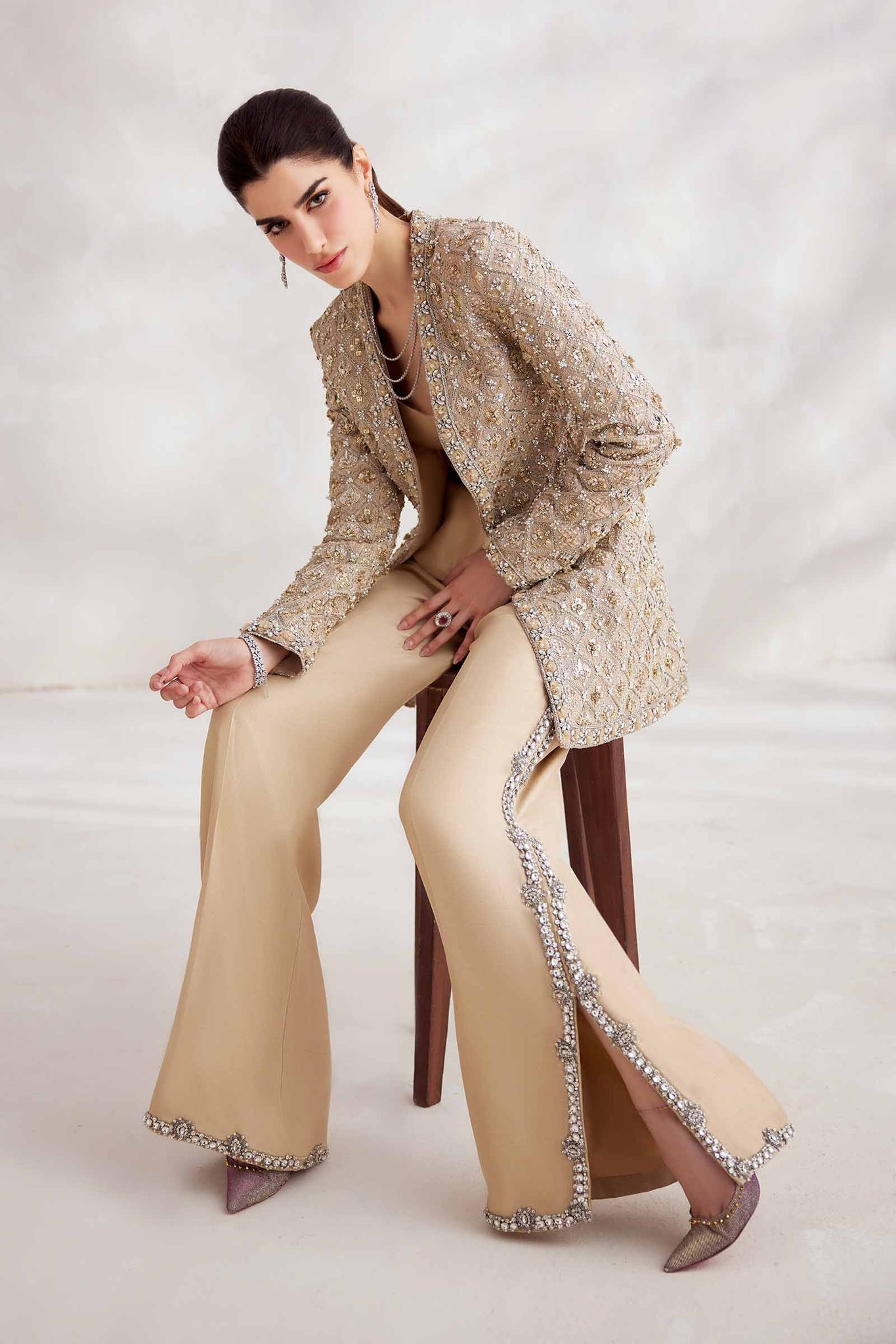 Champagne Embellished Silk-Blend Jacket Set (4-Piece) - Image 8