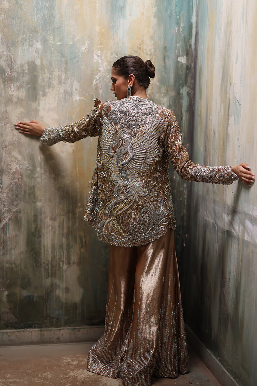 Gold Zardozi Tissue Silk Jacket Set (3-Piece) - Image 2