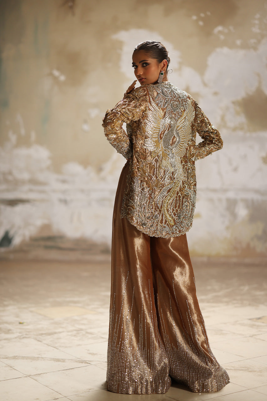 Gold Zardozi Tissue Silk Jacket Set (3-Piece) - Image 4