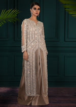 Champagne Embellished Net Long Jacket with Satin Trousers (2-Piece) - Image 2