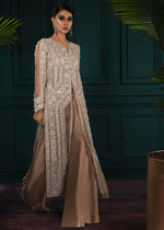 Champagne Embellished Net Long Jacket with Satin Trousers (2-Piece) - Image 6