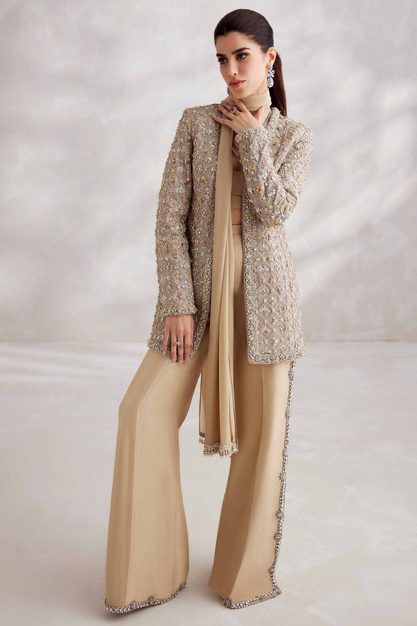 Pakistani Champagne Embellished Net Jacket with Bootcut Trousers (4-Piece) - Image 2