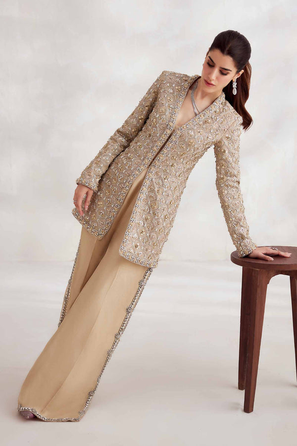 Pakistani Champagne Embellished Net Jacket with Bootcut Trousers (4-Piece) - Image 4
