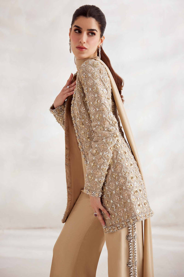 Pakistani Champagne Embellished Net Jacket with Bootcut Trousers (4-Piece) - Image 7