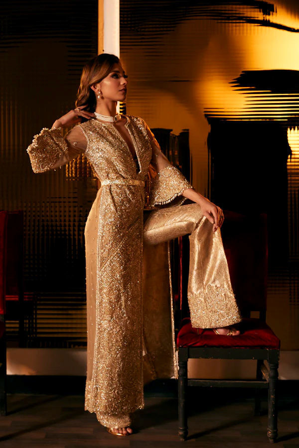 Champagne Gold Zardozi Kaftan with Brocade Pants (2-Piece) - Image 3