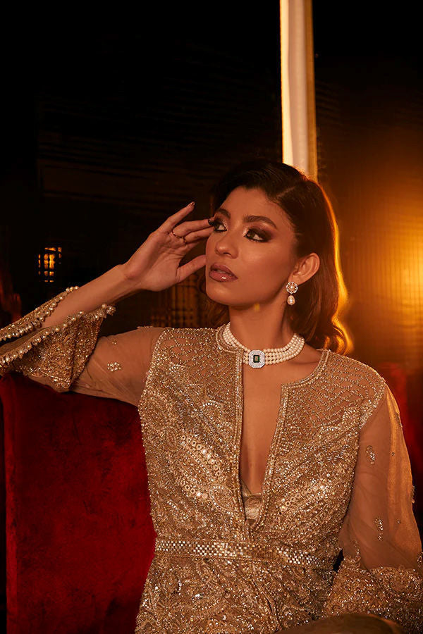 Champagne Gold Zardozi Kaftan with Brocade Pants (2-Piece) - Image 4