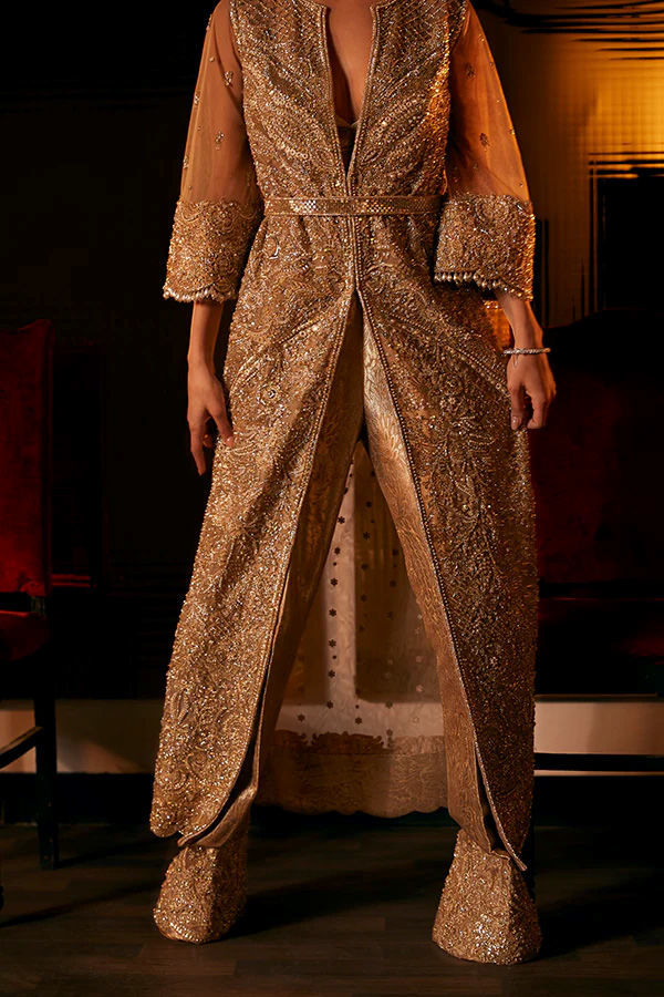 Champagne Gold Zardozi Kaftan with Brocade Pants (2-Piece) - Image 5