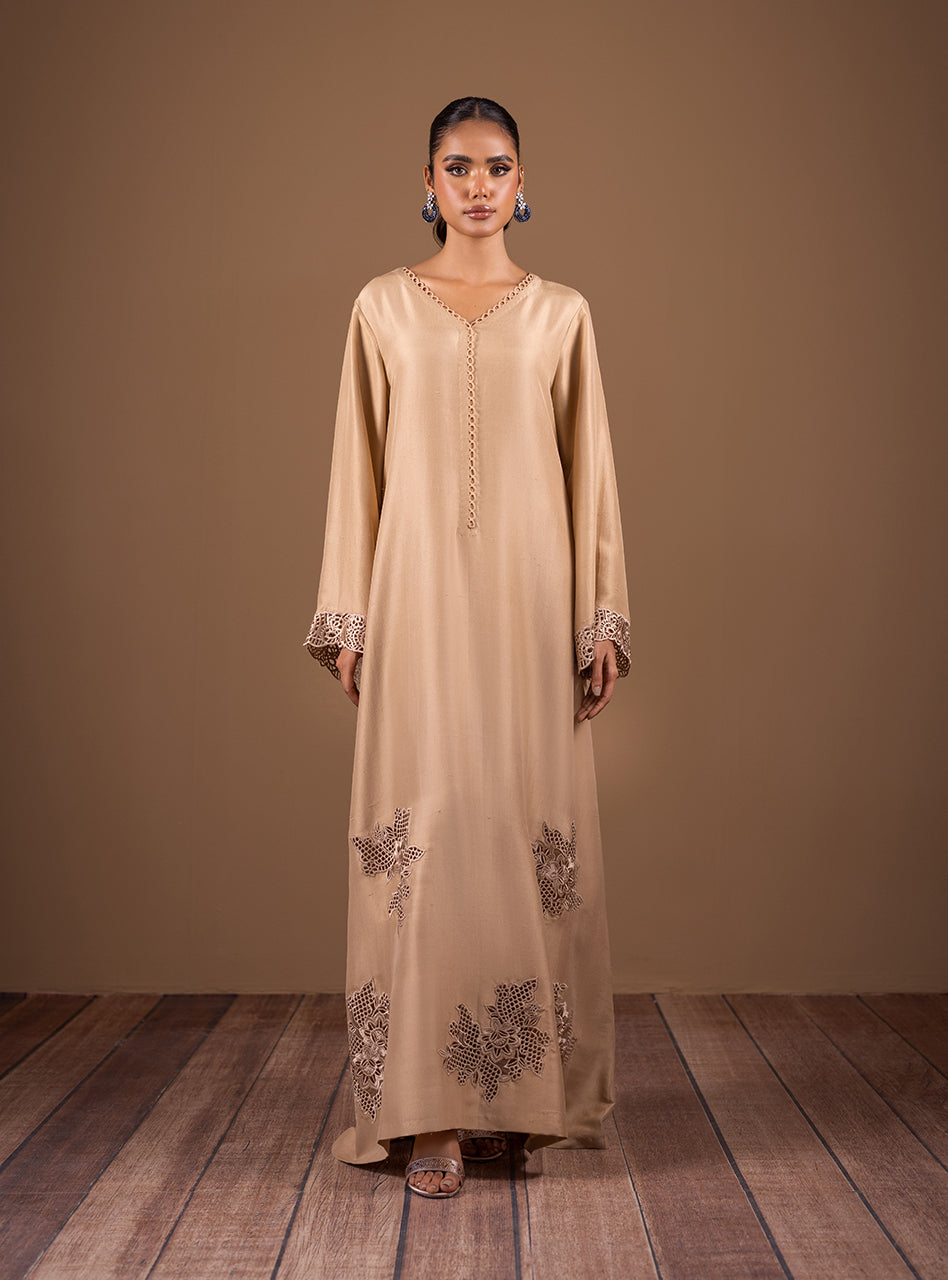 Champagne Cutwork Raw Silk Kaftan (2-Piece) - Image 1