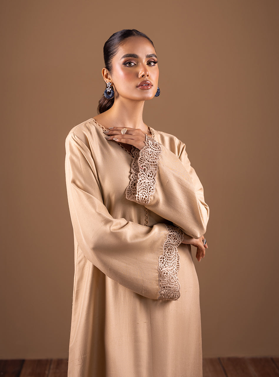 Champagne Cutwork Raw Silk Kaftan (2-Piece) - Image 5