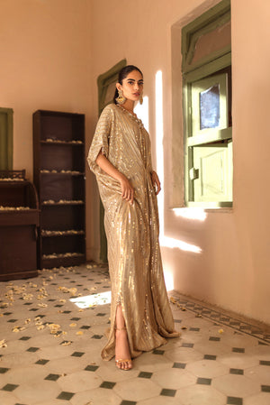 Pakistani Gold Sequin Kaftan with 3D Embellished Neckline (2-Piece) - Image 1