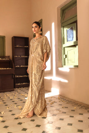 Pakistani Gold Sequin Kaftan with 3D Embellished Neckline (2-Piece) - Image 2