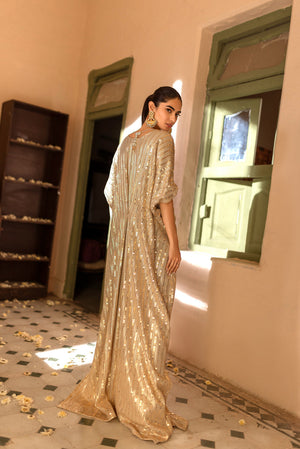 Pakistani Gold Sequin Kaftan with 3D Embellished Neckline (2-Piece) - Image 3