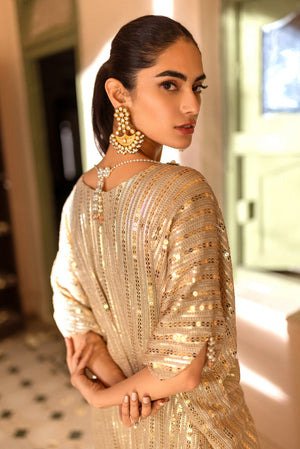 Pakistani Gold Sequin Kaftan with 3D Embellished Neckline (2-Piece) - Image 4