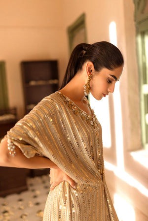 Pakistani Gold Sequin Kaftan with 3D Embellished Neckline (2-Piece) - Image 5