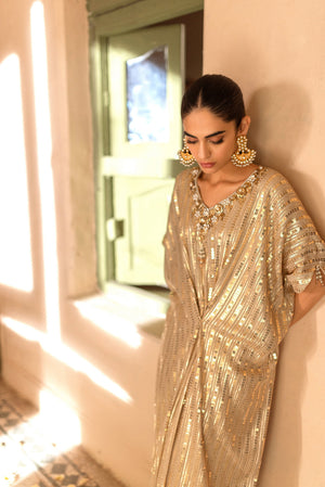 Pakistani Gold Sequin Kaftan with 3D Embellished Neckline (2-Piece) - Image 6