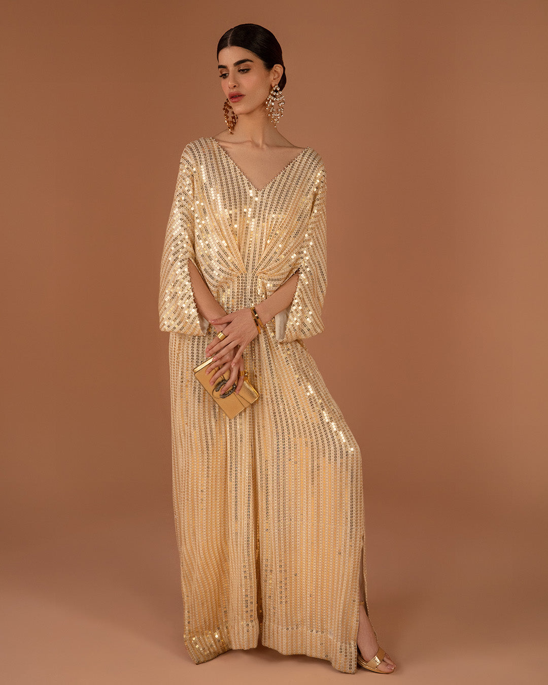Pakistani Gold Sequin Georgette Kaftan (1-Pc) - Image 1