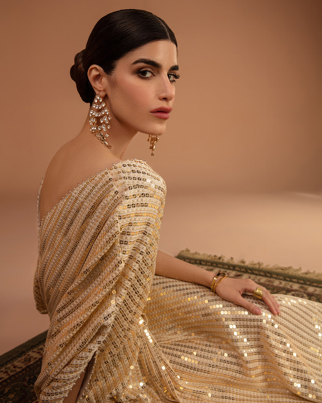 Pakistani Gold Sequin Georgette Kaftan (1-Pc) - Image 2