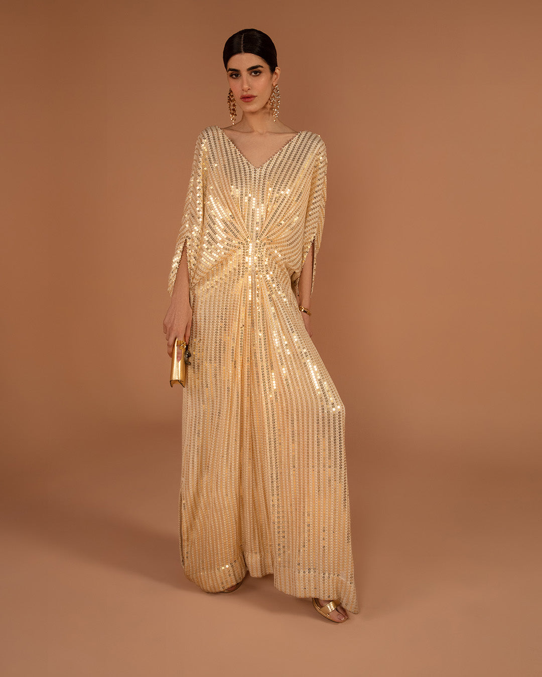 Pakistani Gold Sequin Georgette Kaftan (1-Pc) - Image 3