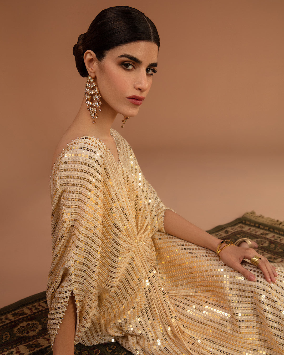Pakistani Gold Sequin Georgette Kaftan (1-Pc) - Image 4