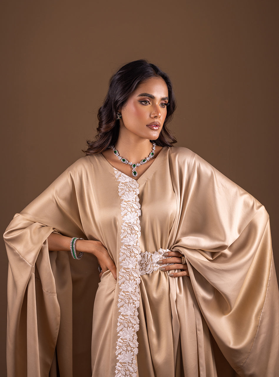 Pakistani Gold Embroidered Shamose Silk Kaftan (2-Piece) - Image 2