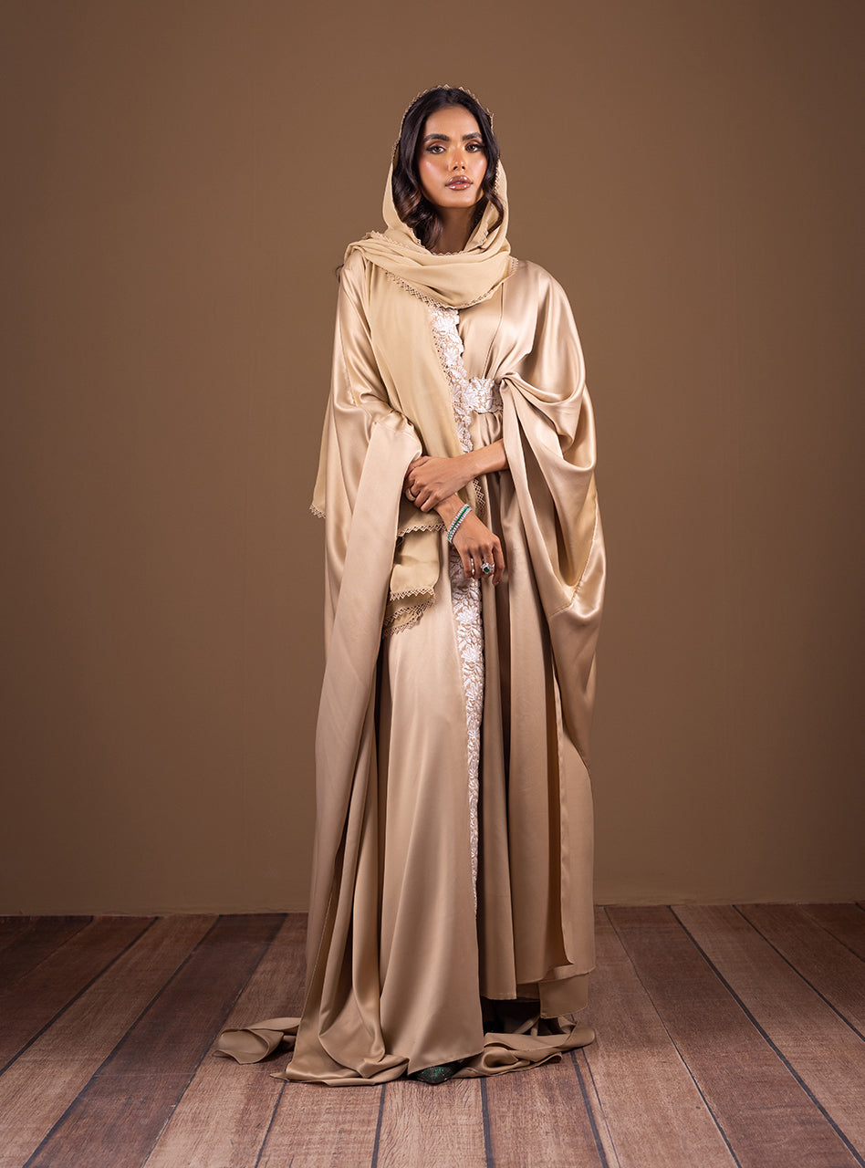 Pakistani Gold Embroidered Shamose Silk Kaftan (2-Piece) - Image 3