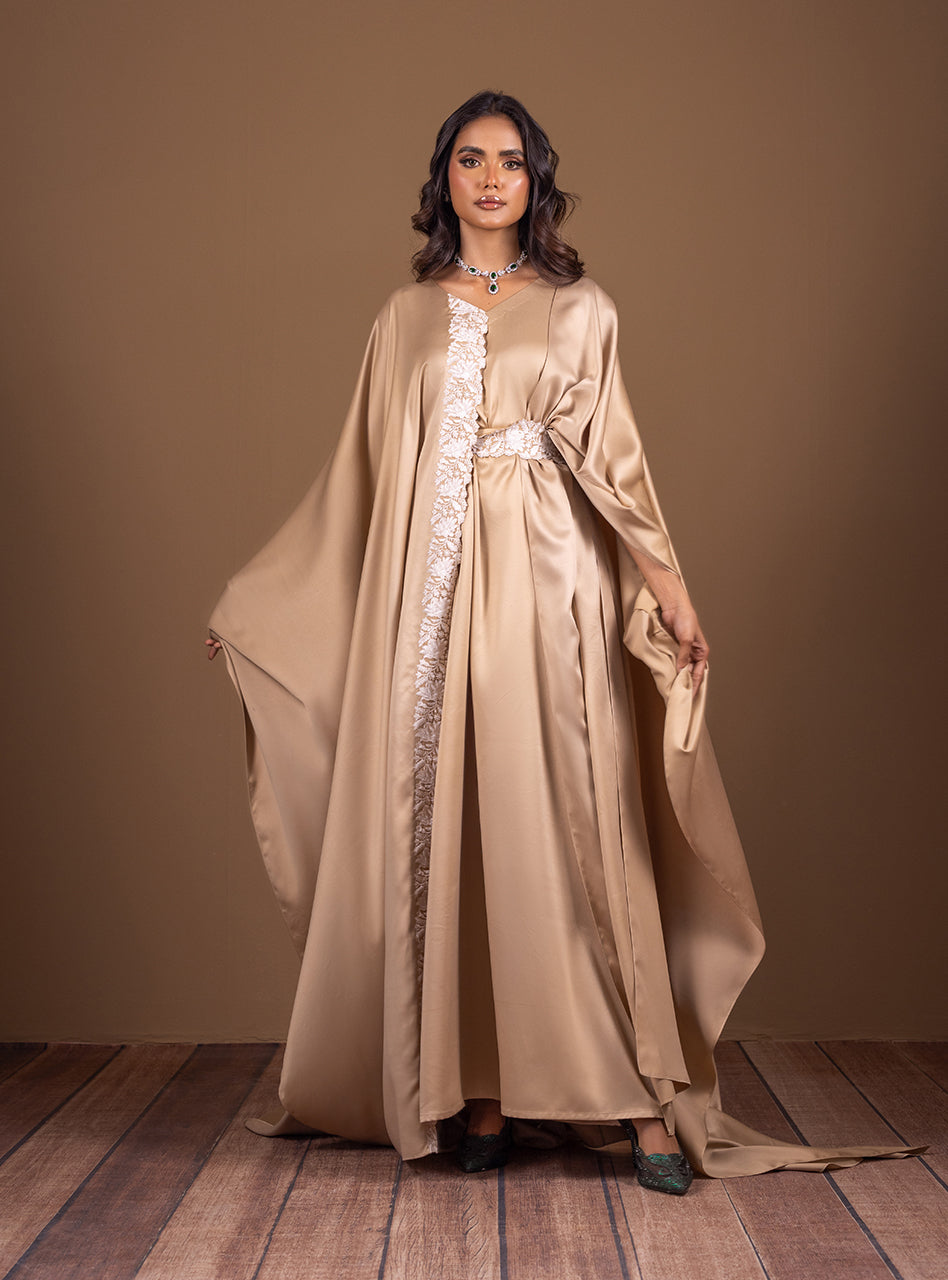 Pakistani Gold Embroidered Shamose Silk Kaftan (2-Piece) - Image 4