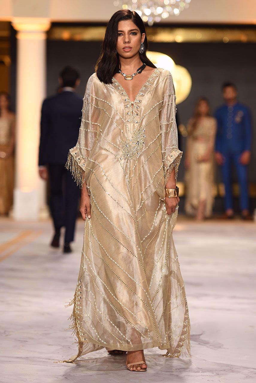 Gold Hand-Embroidered Sheer Lamé Net Kaftan (1-Pc) - Image 1