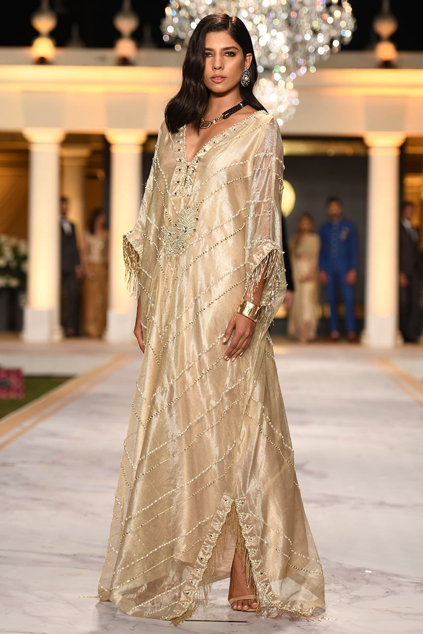 Gold Hand-Embroidered Sheer Lamé Net Kaftan (1-Pc) - Image 2