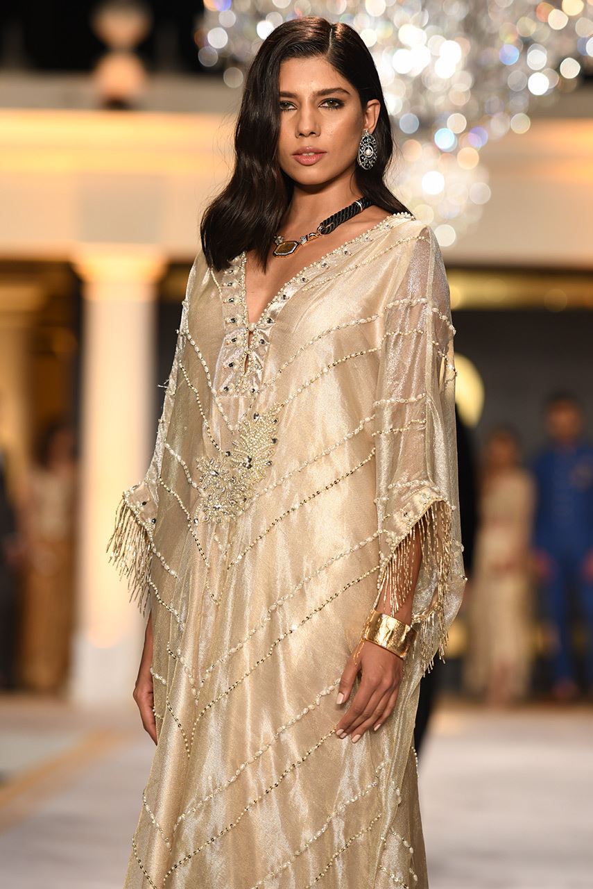Gold Hand-Embroidered Sheer Lamé Net Kaftan (1-Pc) - Image 3