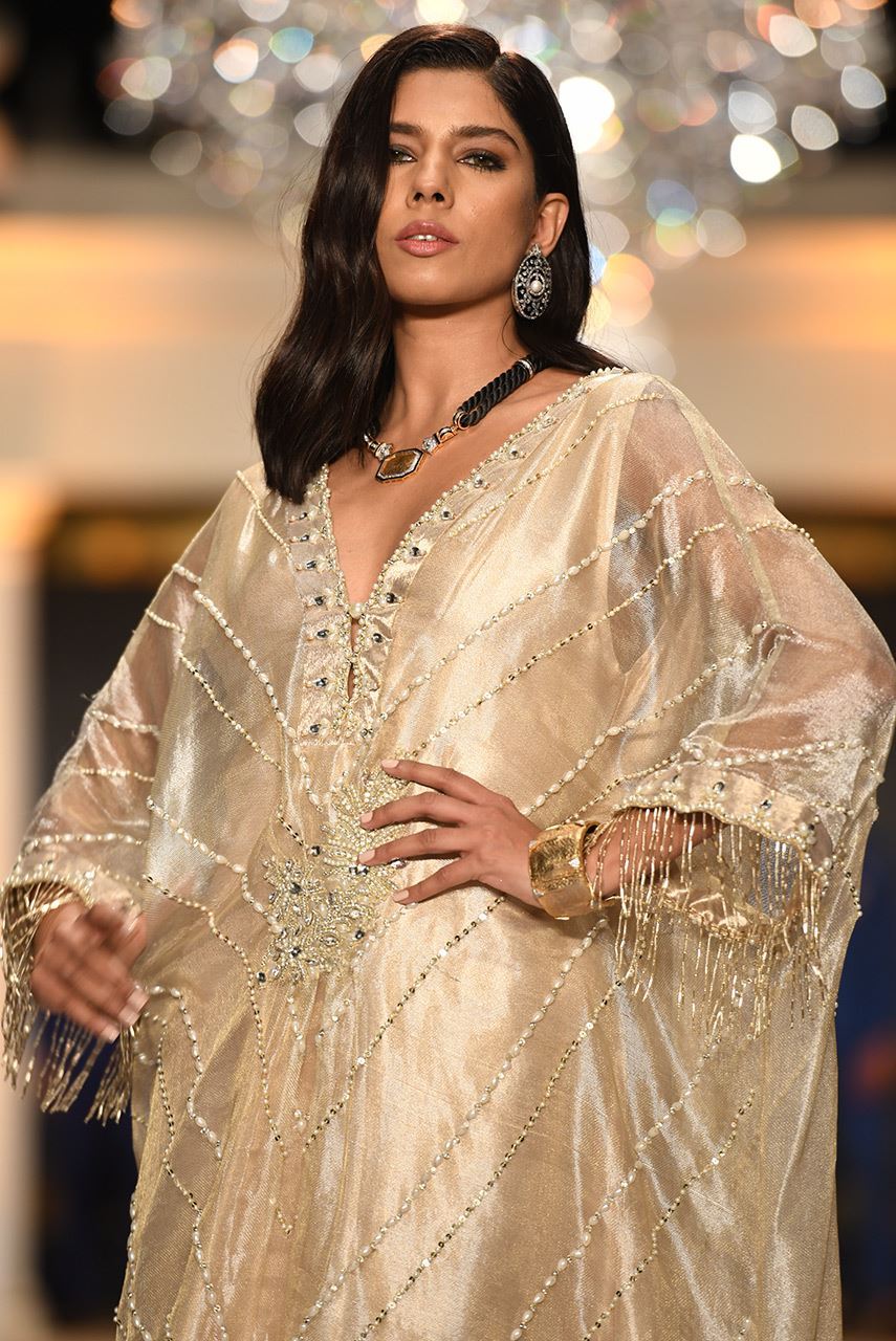 Gold Hand-Embroidered Sheer Lamé Net Kaftan (1-Pc) - Image 4