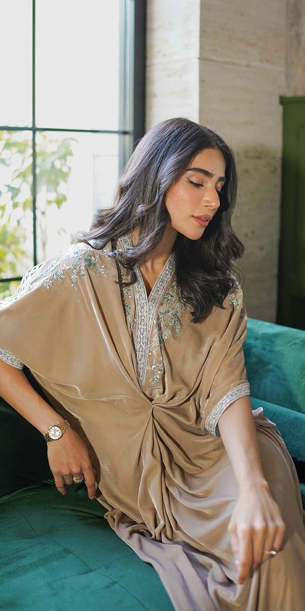 Champagne Hand-Embellished Silk-Blend Kaftan (1-Pc) - Image 3