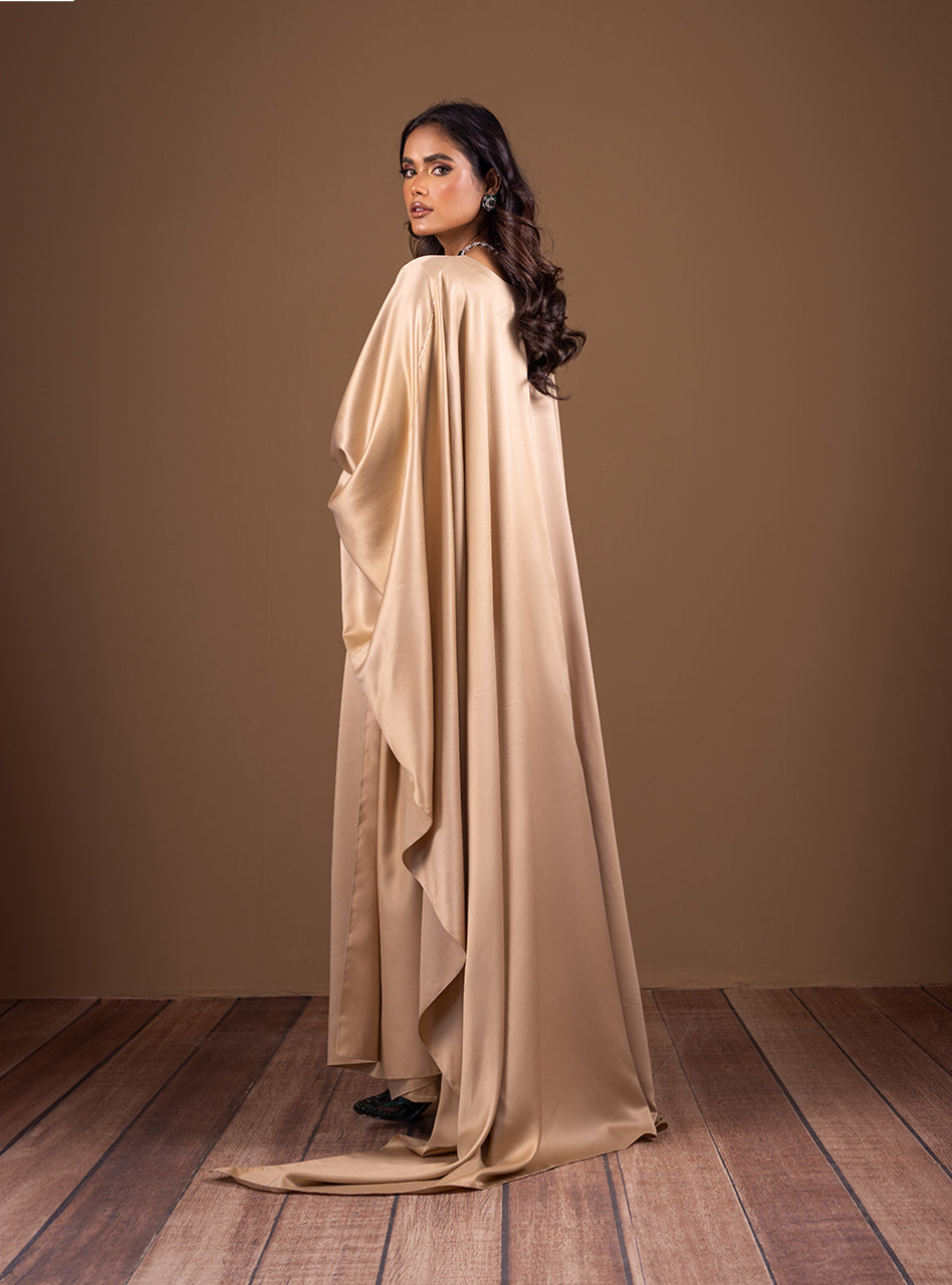 Pakistani Gold Embroidered Silk Kaftan Dress (2-Piece) - Image 4