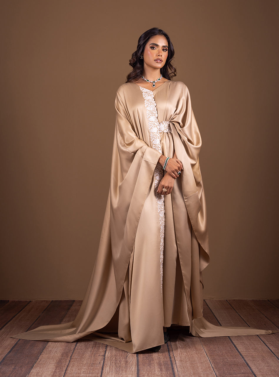 Pakistani Gold Embroidered Silk Kaftan Dress (2-Piece) - Image 6