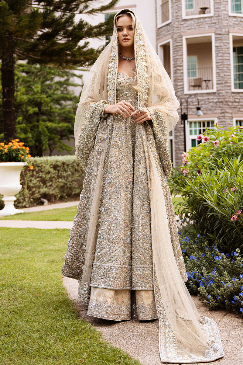 Nude Gold Embellished Net Kalidaar Dress (3-Piece) - Image 1