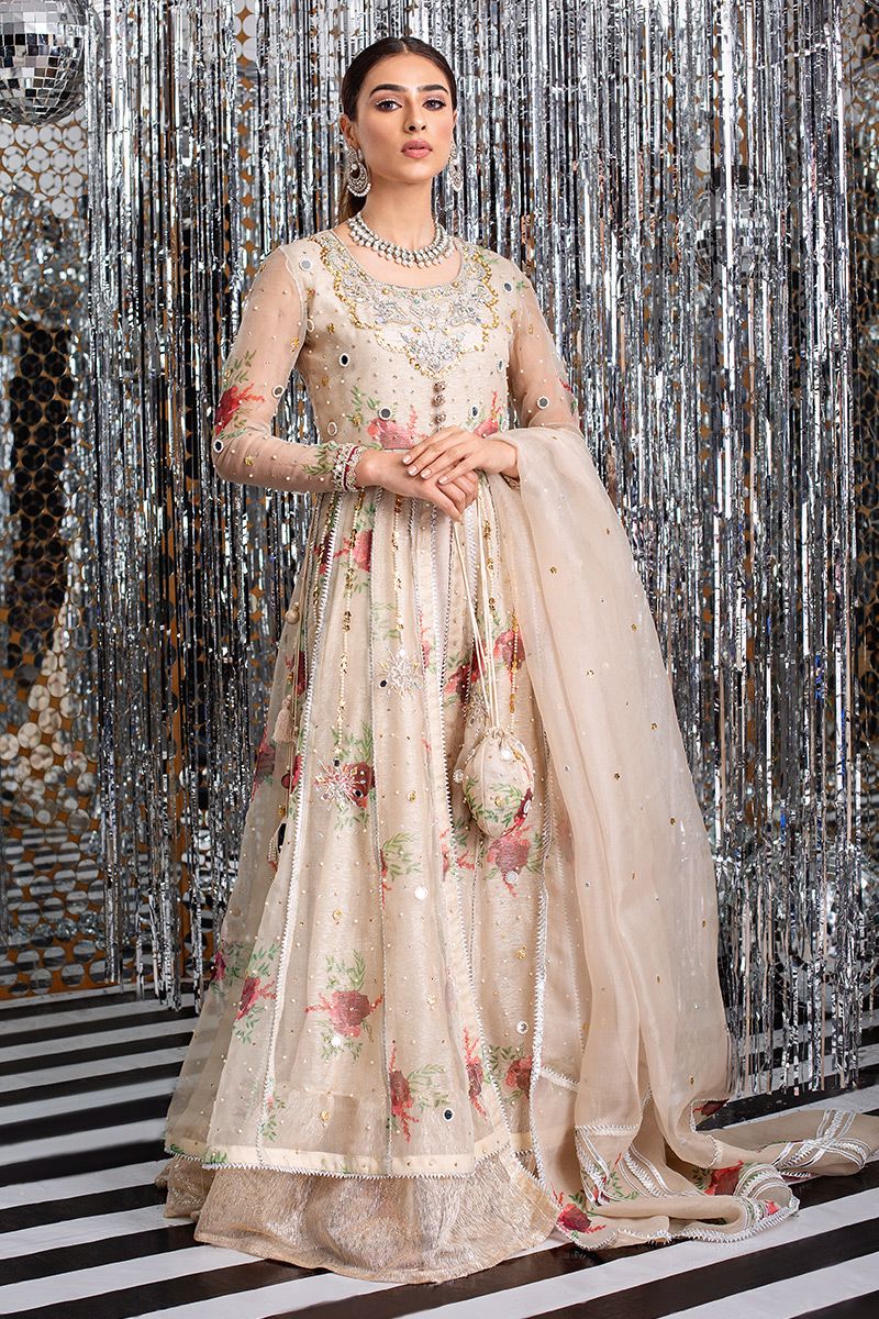 Pakistani Champagne Floral Raw Silk Kalidar (3-Piece) - Image 1